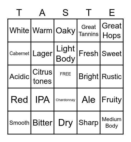 Wine and Beer Tasting Bingo Card
