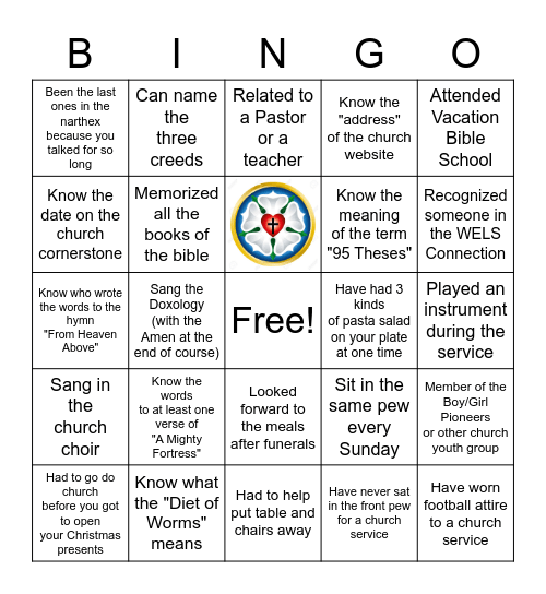 Bingo - Faith Lutheran Church Style Bingo Card