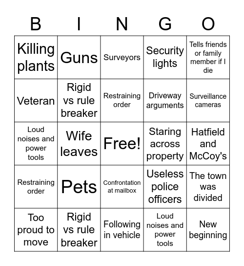 Fear Thy Neighbour Bingo Card