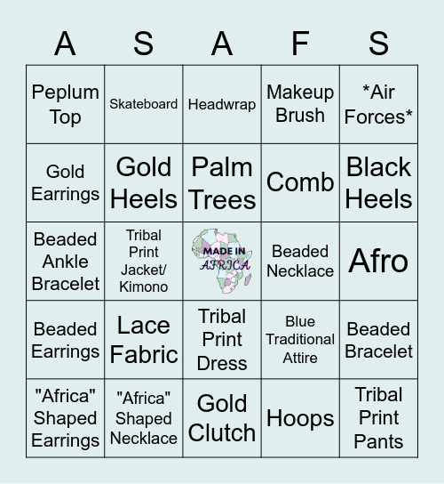 ASA Fashion Show Watch Party Bingo Card