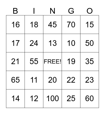 Number Bingo Card