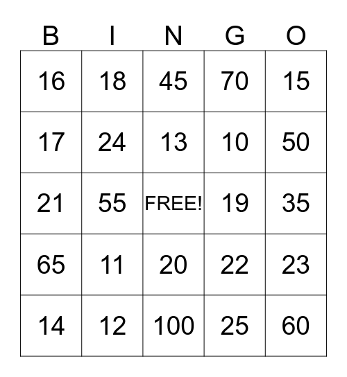 Number Bingo Card