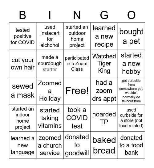 Pandemic Bingo Card