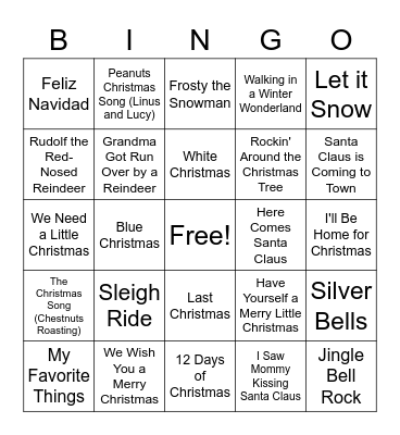 Christmas/Holiday/Winter Songs Bingo Card