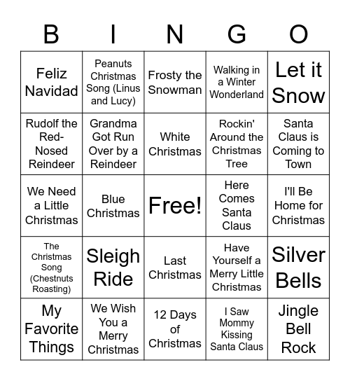 Christmas/Holiday/Winter Songs Bingo Card