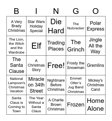 Christmas/Holiday/Winter Movies Bingo Card