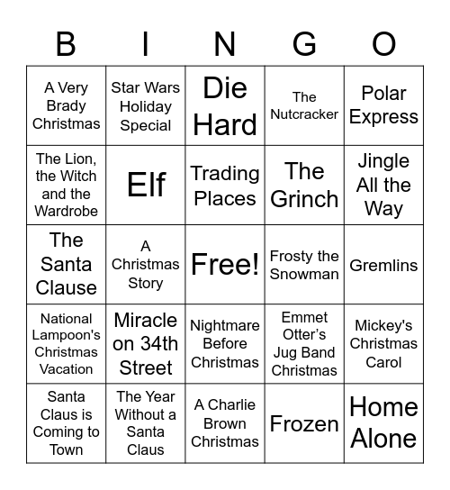 Christmas/Holiday/Winter Movies Bingo Card