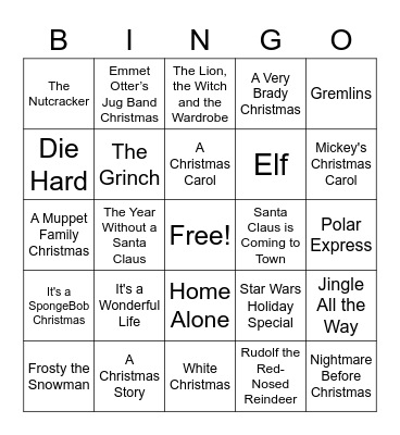 Christmas/Holiday/Winter Movies Bingo Card