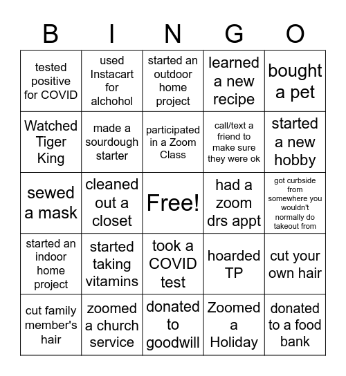 Pandemic Bingo Card