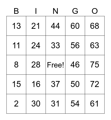 Friends of  Legion  bingo Card