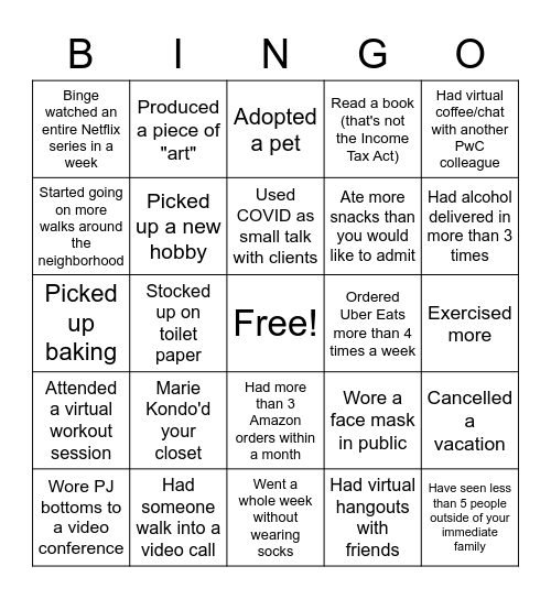 Quarantine Bingo Card