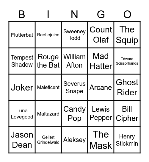 Favorite Character Bingo Card