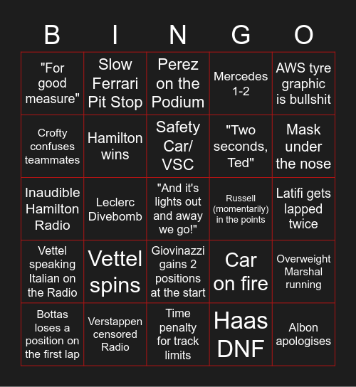 Yas Marina GP Bingo Card