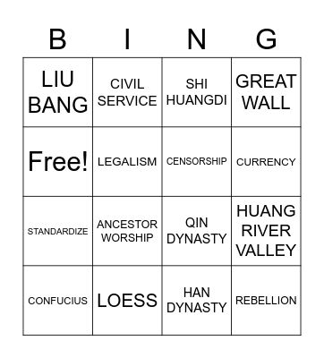 ANCIENT CHINA (PART I) Bingo Card