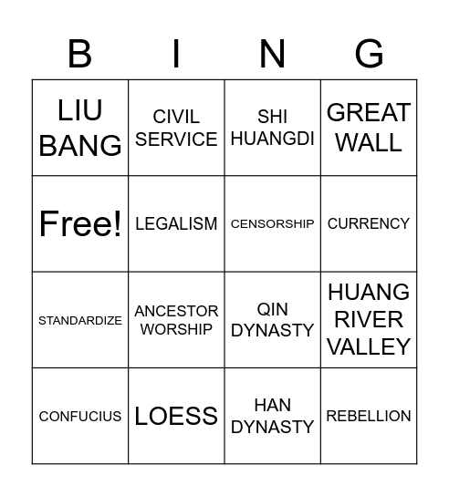 ANCIENT CHINA (PART I) Bingo Card