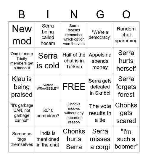 Stream Team Bingo Card