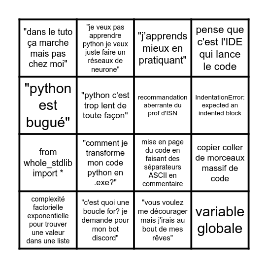 j'apprend le python starter pack Bingo Card