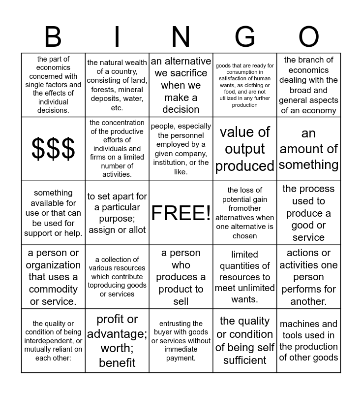Econ Bingo Card
