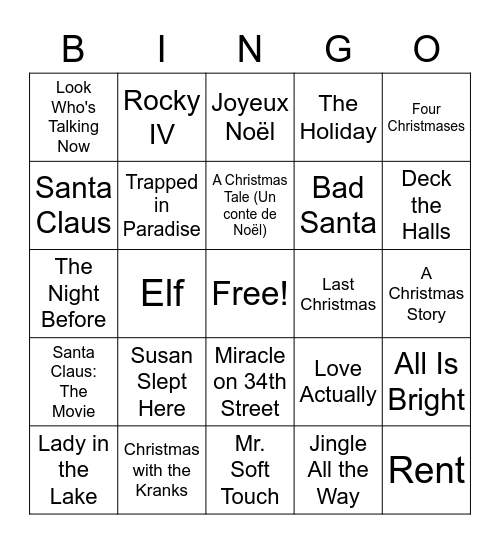 Holiday Movies Bingo Card