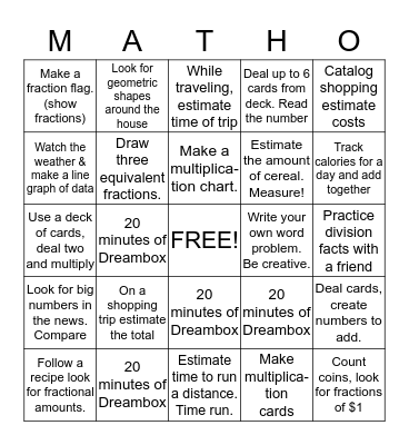 Winter break Math Bingo Card