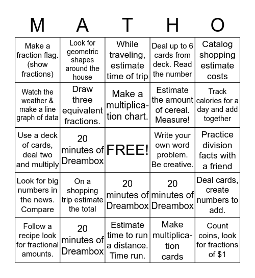 Winter break Math Bingo Card