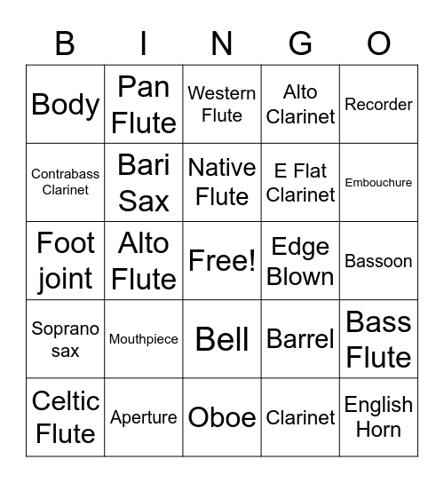 Woodwinds Bingo Card