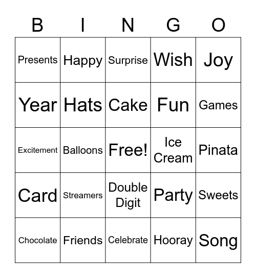Sidney's 10th Birthday Bingo Card