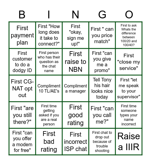 Live Chat BINGO Card