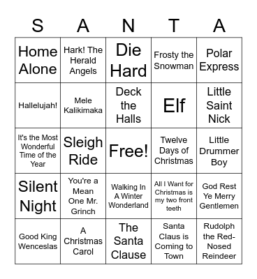 Christmas Songs/Movie Bingo Card