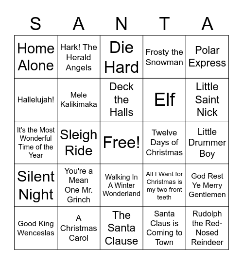 Christmas Songs/Movie Bingo Card