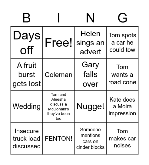 O’Brien family bingo Card
