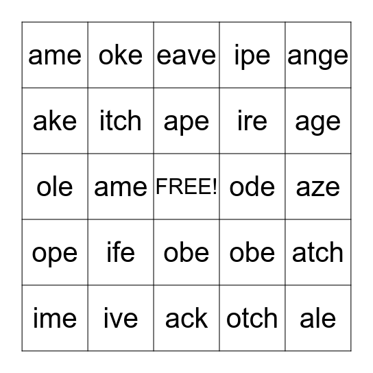 Word Family Bingo Card