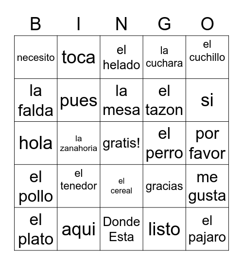 Spanish BINGO Card