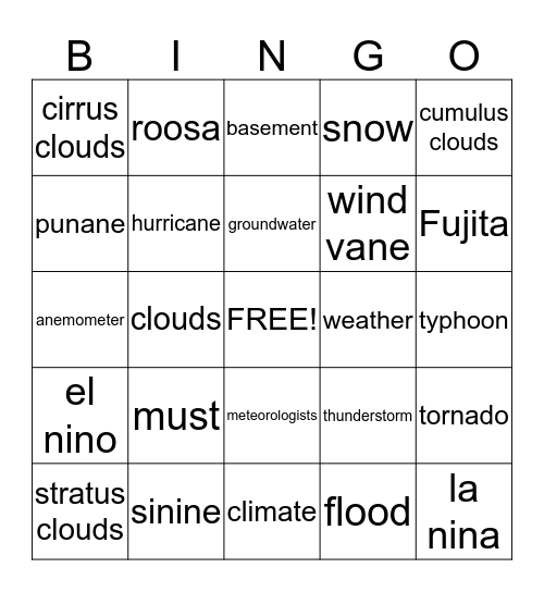 Weather Bingo Card