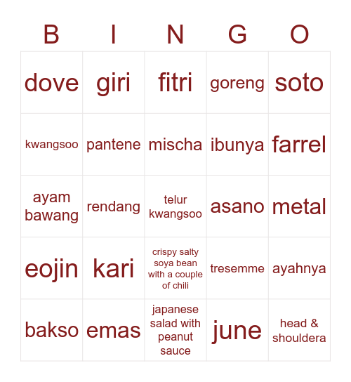 minya Bingo Card