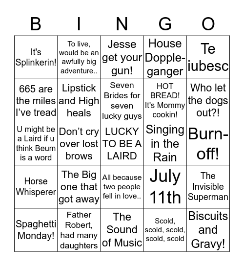 IN THE LIFE OF LAIRDS - BINGO! Bingo Card