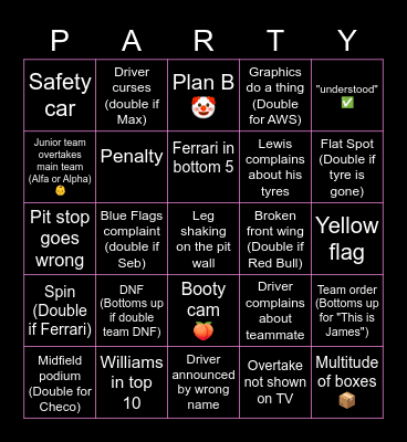 Abu Dhabi GP Bingo Card