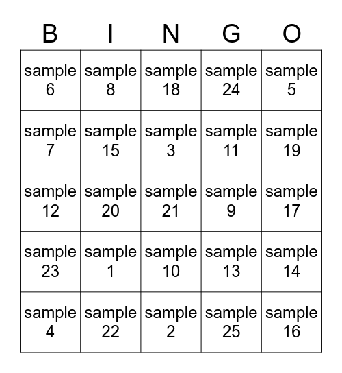 SAMPLE BINGO CARD Bingo Card