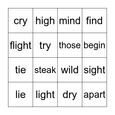 long i - ie, igh, ild, ind, -y -- plus other words Bingo Card