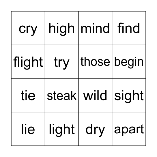 long i - ie, igh, ild, ind, -y -- plus other words Bingo Card