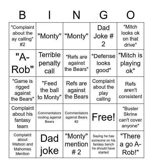 DC Bears Game Day Bingo Card