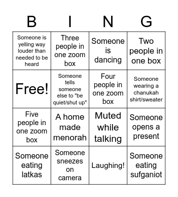 Chanukah Zoom Bing Bingo Card