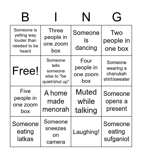 Chanukah Zoom Bing Bingo Card