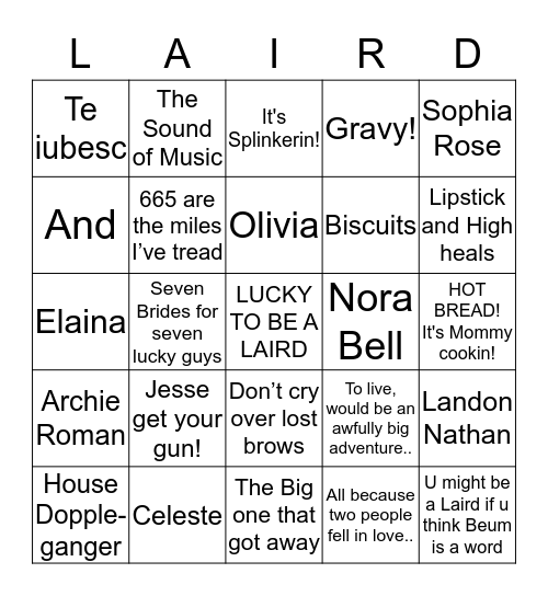 LIFE OF LAIRDS - BINGO! Bingo Card