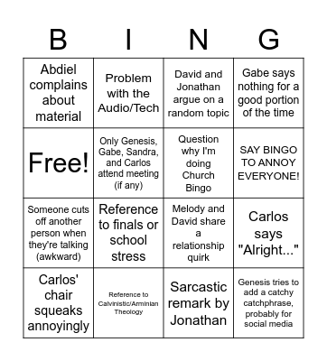 Church Bingo Card