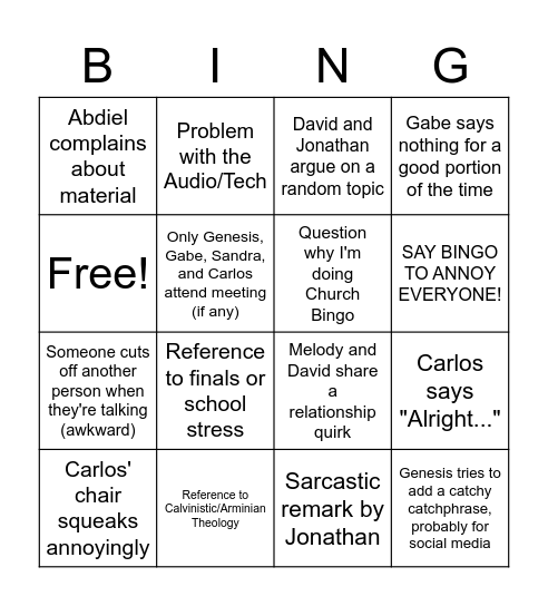 Church Bingo Card