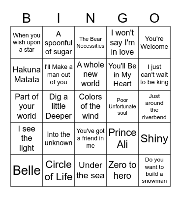 Disney Song Bingo! Bingo Card