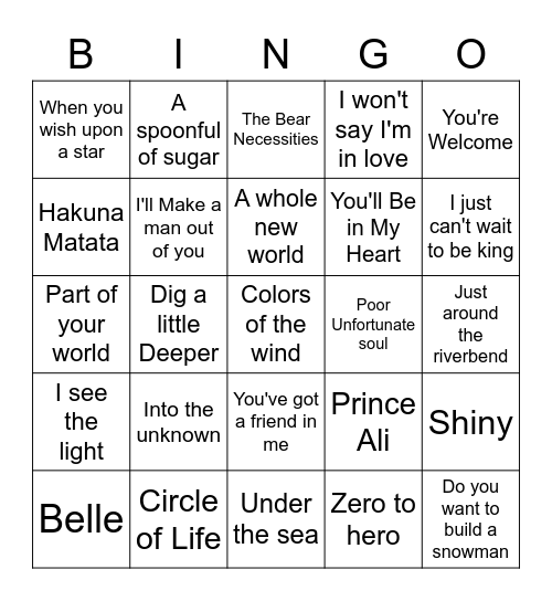 Disney Song Bingo! Bingo Card