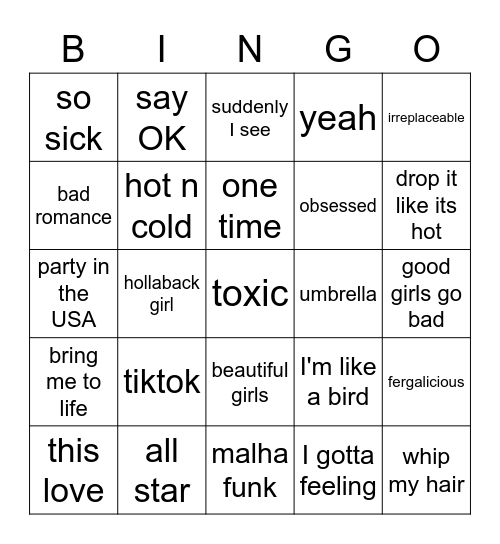 2000's songs Bingo Card