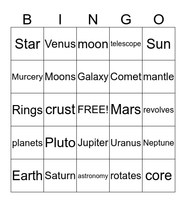 Solar System Bingo Card